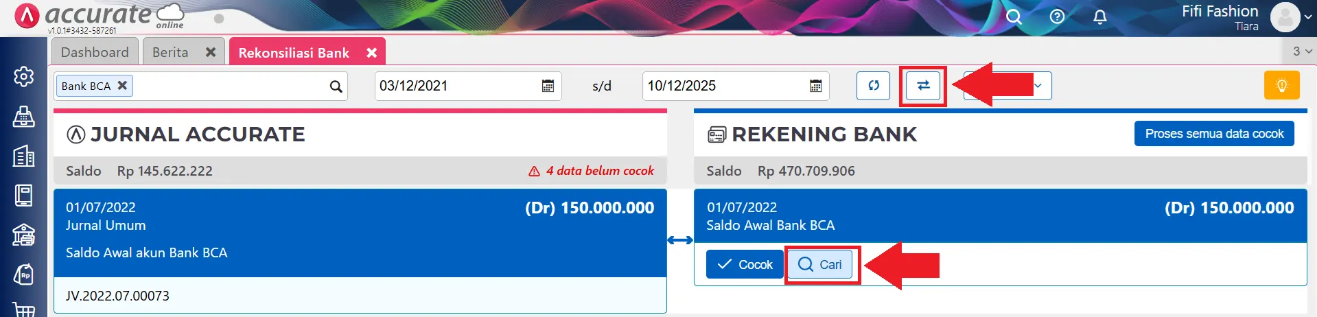 Rekonsiliasi lebih dari 1 mutasi bank yang dicatat dalam 1 transaksi